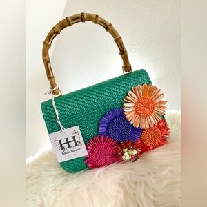 NWT Haute Hippie Green Floral Straw Handbag Bamboo Handle